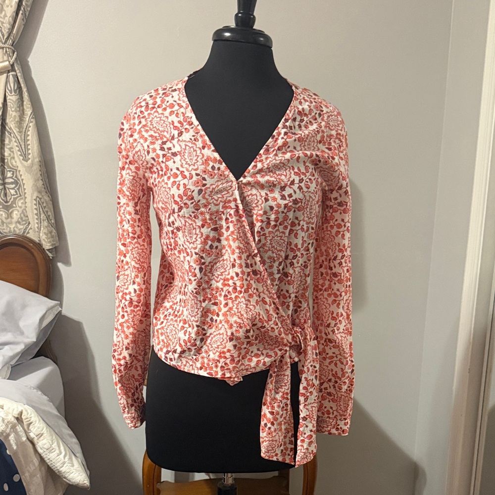 GAP Red and White Floral Wrap Blouse